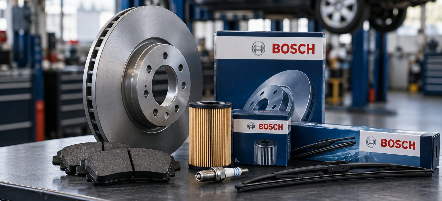 Bosch-reservdelar: bromsskiva, bromsbelägg, filter och torkarblad på arbetsbänk
