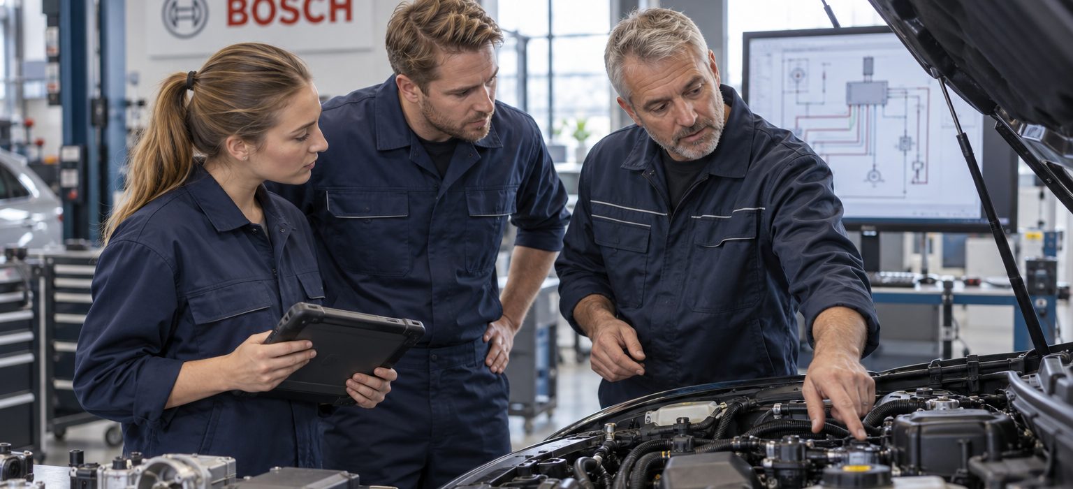Tekniker runt en motor rum med Bosch-utbildning