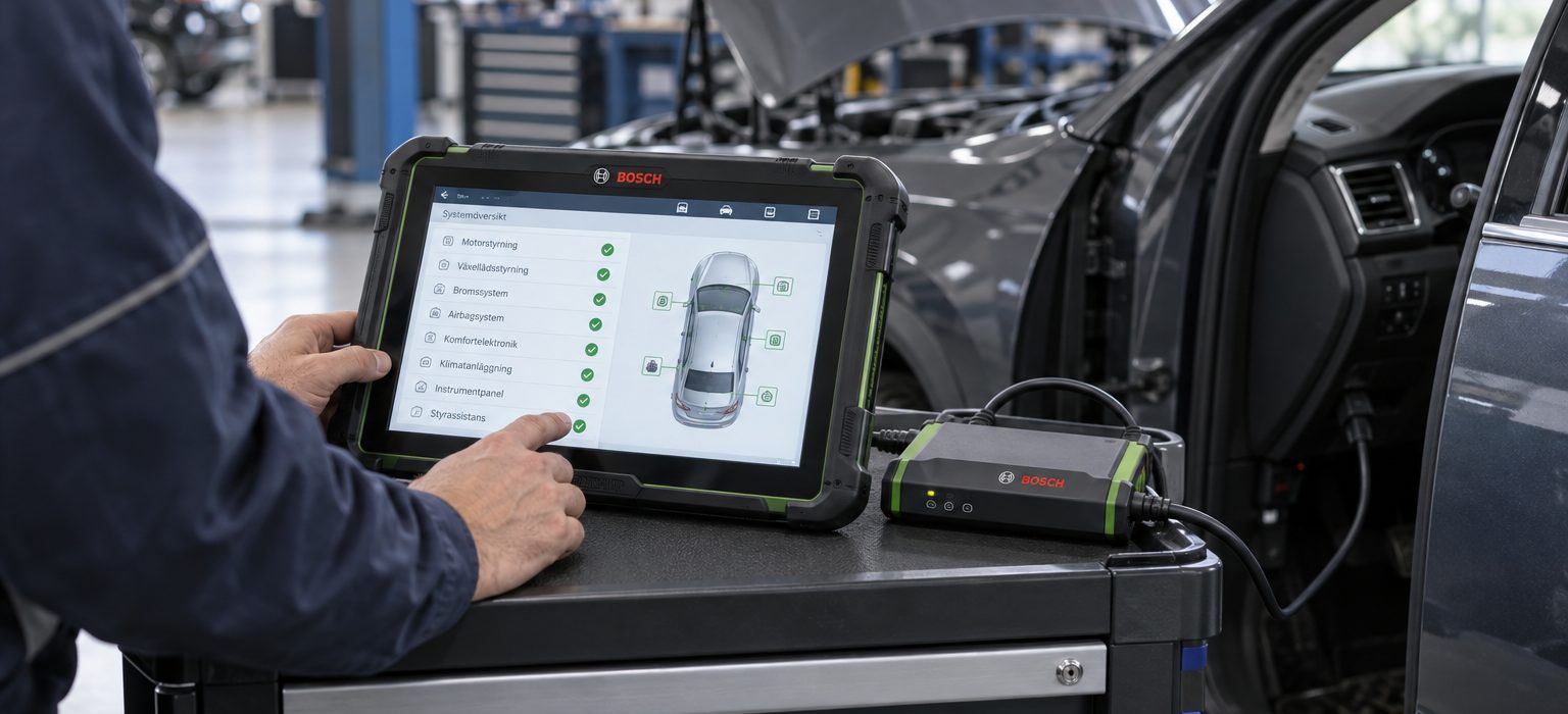 Bosch diagnosticskåp med surfplatta vid en bil i verkstaden